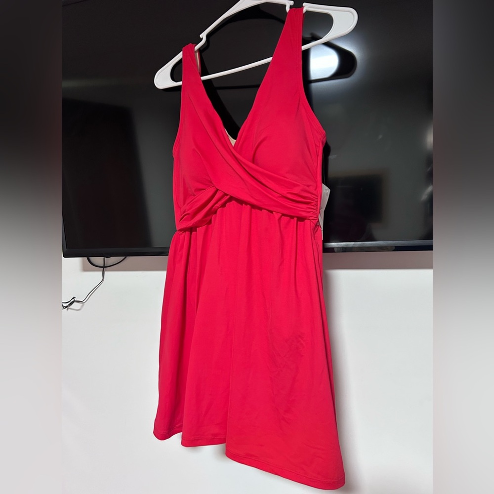 Red V-Neck Women's Swim Dress - Picture 4 of 13